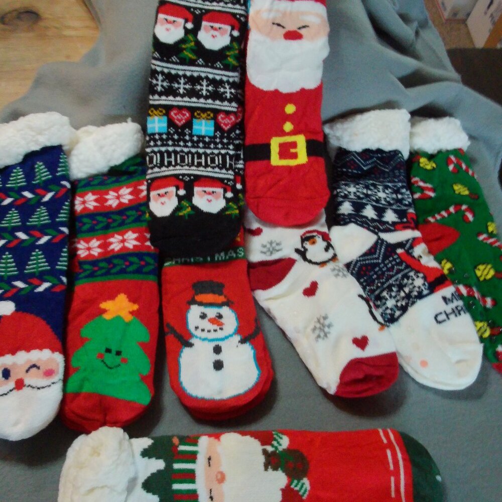 9 pairs of Fuzzy Slipper Christmas Socks - Fleece Lined - non skid - One Size